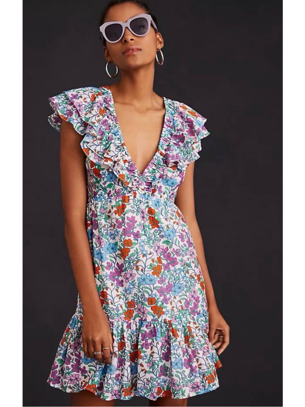 Anthropologie Roller Rabbit Blomst Ondika Floral Ruffle
Mini Dress V-neck Size M